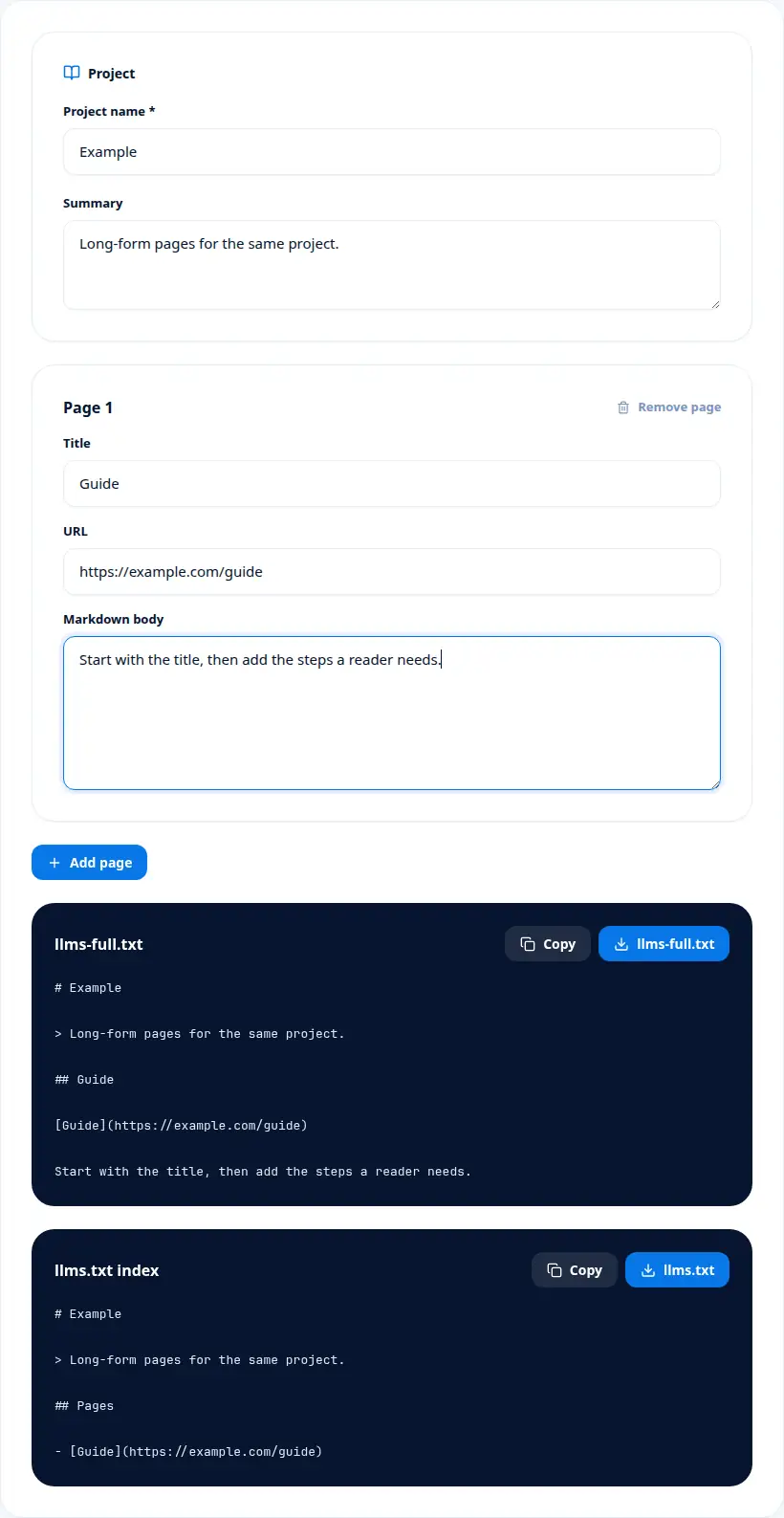 LLMs-full.txt Generator with a page title, URL, markdown body, and both output files.