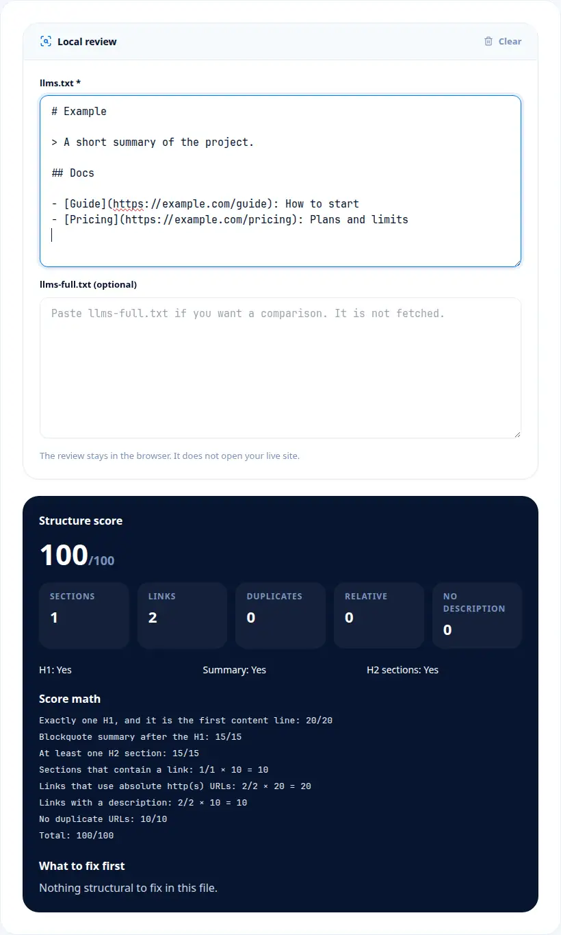 LLMs.txt Auditor showing a structure score, counts, and the score math for a pasted file.