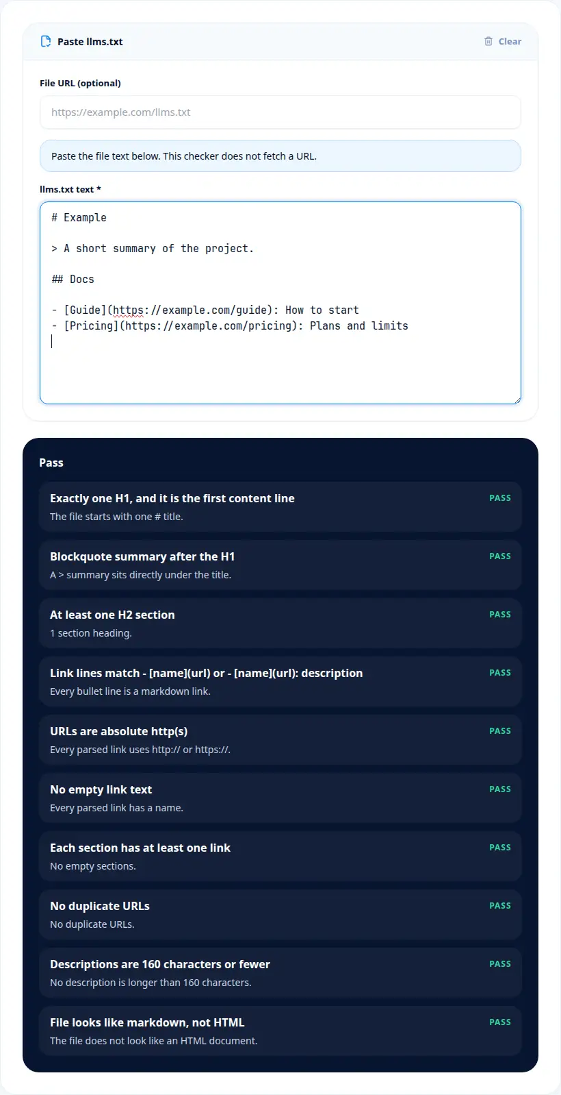 LLMs.txt Checker showing a pasted llms.txt file and a pass checklist with line-level checks.