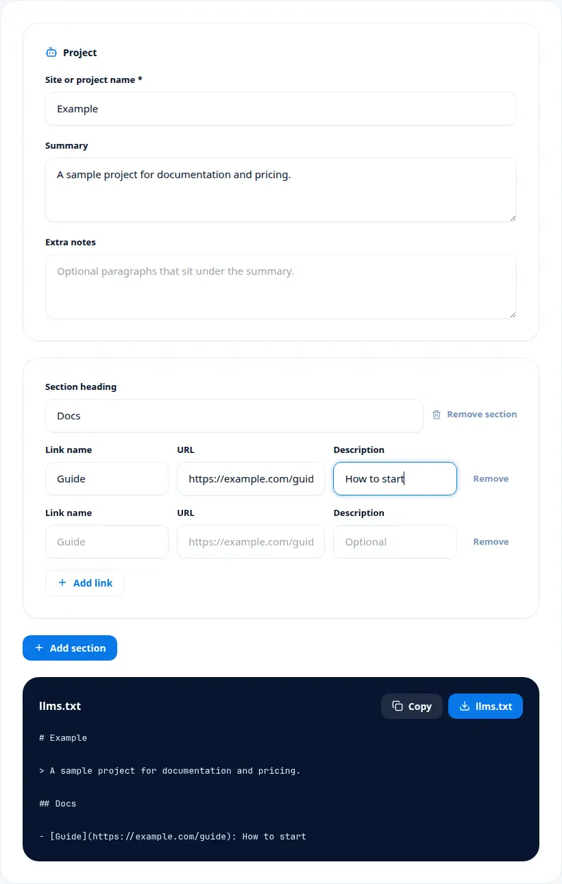 LLMs.txt Generator with a project name, summary, Docs links, and the markdown llms.txt preview.