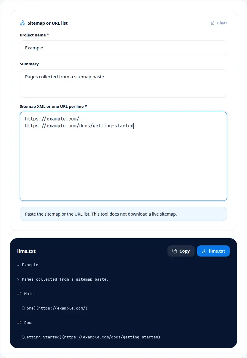 Sitemap to LLMs.txt with a project name and pasted URLs turned into an llms.txt file.